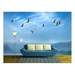 Birds Flying Away Over Blue Sky Background - Removable Wall Mural | Self-Adhesive Large Wallpaper - 66x96 inches