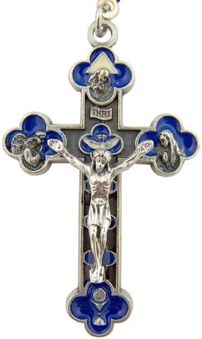 Holy First Communion Gift 2 1/4 Inch Blue Enamel Silver Tone Millenium Trinity Cross Crucifix with 30 Inch Cord Necklace
