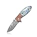 KUBEY Hunting Folding Knife Damascus Steel Blade Thumb Open Gentlemans Pocket Knife for Outdoor Camping Tactical Survival Tool(#DM081-Shell patch handle)