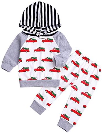 2pcs Toddler Infant Baby Girls Boys Cotton Striped Hoodie Patchwork Tops Sweatshirt with Long Car Pattern Pants Outfit Set