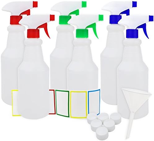 DEPEPE Plastic Spray Bottles 22 oz 6 Pack with Adjustable Nozzle, for Cleaning Solutions, Planting, Cooking Includes Funnel, Screw Caps, Labels