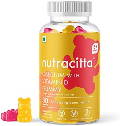 Nutracitta Strawberry & Mango flavour, Vegetarian Calcium & Vitamin D Gummies for stronger bones, teeth & immunity booster – Pack of 1 (30 gummy bears) Nutracitta Strawberry & Mango flavour, Vegetarian Calcium & Vitamin D Gummies for stronger bones, teeth & immunity booster – Pack of 1 (30 gummy bears)