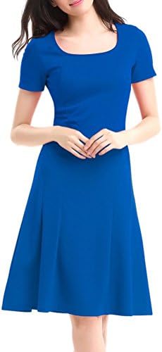 BAIMIL Womens Short Sleeve A-line Swing Dress Casual Party Dresses Blue L