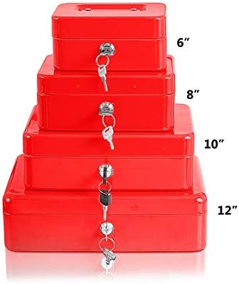 Metal Security Cash Box Money Bank with Coin Tray Steel Tin Petty Safe Lockable (Red, 10" Inch)