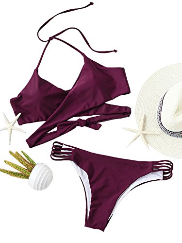 SOLYHUX Women's Halter Wrap Bikini Set Burgundy S