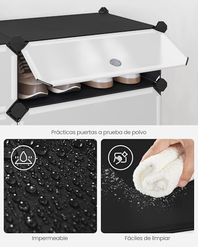 SONGMICS Zapatero Modular con 10 Compartimentos, Estantería Modular de Plástico, Bricolaje, con Puerta, con Martillo, Negro MLPC10H