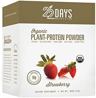 22 Days Nutrition Organic Plant Protein Powder, Strawberry, 12 Count, .95 Oz