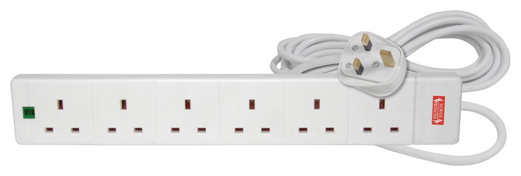 Mercury | 6 Gang Extension Lead with Surge Protection | UK Plug Socket Power Strip | 2 Metre Cable | 13A Fused | BS1363/A Certified | Neon Indicator | Wall Mountable | Home & Office | White