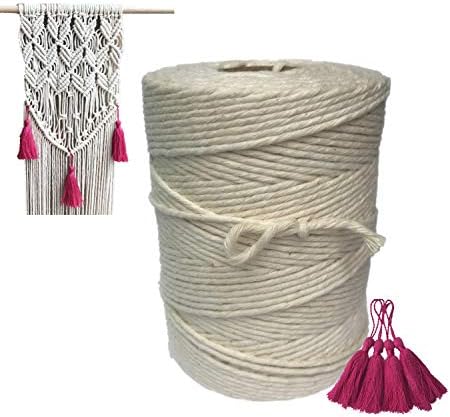 Macrame Cord Handmade Cotton Cord Macrame Yarn Rope DIY Wall Hanging Plant Hanger Craft String Knitting 2.5mm x 200m，Four Cotton Tassels