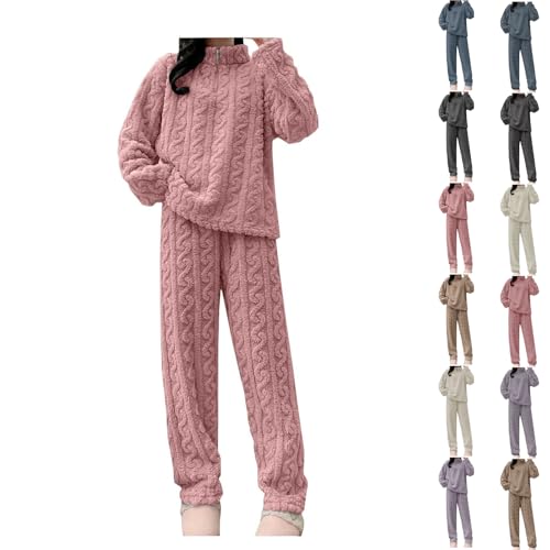 Ladies Pyjamas Comfortable Loungewear Sets for Women Soft Coral velvet Fluffy Long Sleeve Bottoms Set Casual Elastic Waisted Loose Think Fleece Sleepwear Stylish Solid Ladies Pyjamas Blue