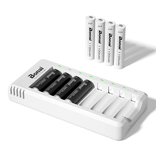 BONAI Rechargeable Ni-MH Battery Charger with 4 Pieces 2800mAh AA and 4 Pieces 1100mAh AAA Ni-MH Rechargeable Batteries with USB Port