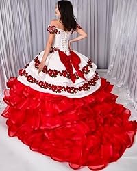 Black and Red Ruffle Off The Shoulder Ball Gown