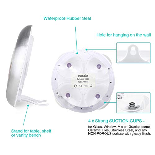 OCEST Digital Bathroom Shower Kitchen Wall Clock, Waterproof for Water Spray, Temperature Humidity Calendar 6.8 Inches Large Display Desk Clock with Suction Cup Hanging Hole Shelf Stand - White - Thumbnail 2