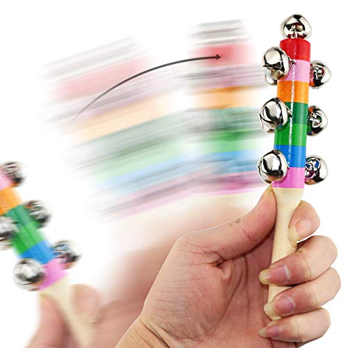 image for Oruuum 7PCS Bright Color Rainbow Handle Wooden Bells, Christmas Bell F