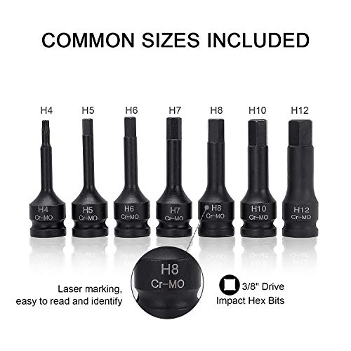 HELAKLS 3/8 Inch Drive Hex Bits Allen Socket Set, 4-12MM 7 Piece Cr-Mo Impact Grade One-Piece Construction Metric Hex Driver Hand Tools For Men 6 CM Length - Thumbnail 2