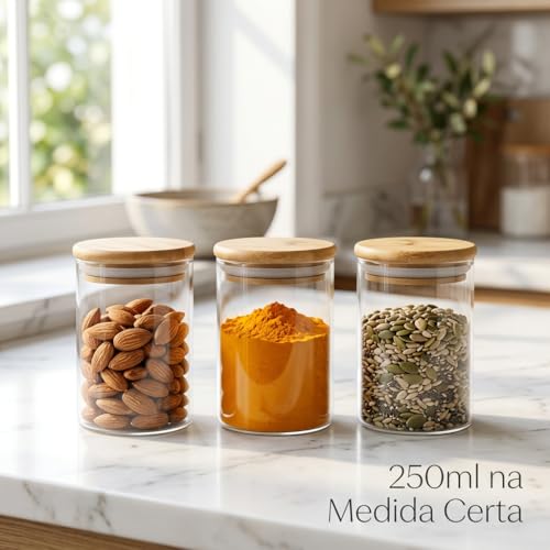 Kit 10 Potes Herméticos 250ml de Vidro com Tampa de Bambu Natural – Redondos com Vedação de Silicone, Organizadores para Cozinha, Armazenar Temperos, Grãos, Café, Chá, Açúcar, Doces e Mantimentos