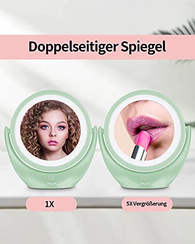 CkeyiN LED Spiegel für Schminkspiegel mit Beleuchtung Doppelseiten 1x / 5X Vergrößerung Kosmetikspiegel,360 °Schwenkbar, USB Aufladbares, Make up Spiegel für Zuhause und Unterwegs (Grün)