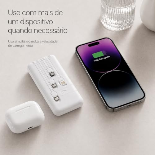 Power Bank Carregador Portátil Universal 10000mAh com Cabos Integrados USB-A, USB-C (Type-C), Micro-USB e USB-Light Carregamento Rápido Bateria Externa Compacta para Celular Android iOS(Branco)