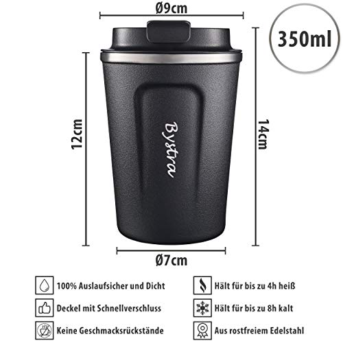 BYSTRA-Thermobecher--Kaffeebecher-to-go-100-Auslaufsicher--Isolierbecher-350ml--Trinkbecher-doppeltwand-Isolierung--Travel-Mug--Teebecher--Reisebecher-BPA-Frei--schwarz