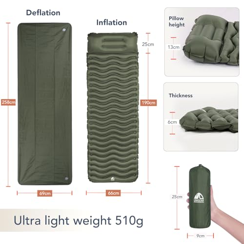 Unigear Inflatable Camping Mattress, Ultralight Air Cushion, Water Resistant Inflatable Mattress for Camping, Travel, Beach, Tent, Sleeping Bag