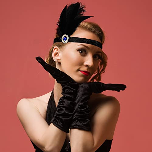 bdzyh Gatsby Head Band for Women Flapper 1920s Hair Accessories, Elastic Roaring 20s Headpiece, Black Hippie Disco 70s Headband with Blue Rhinestone