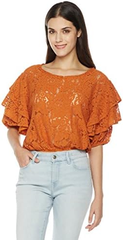 Painted Heart Women's Tiered Half Sleeve Scoop Neck Lace Blouse X Small Orange