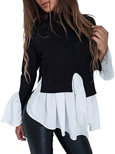 Vectry Women's Blouse Winter Warm Puff Sleeve Frill Hem Jumper Casual High Neck Tops Patchwork T-Shirt Turtleneck Tunic Sweater