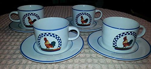 Set of 4 Vintage CENTURY STONEWARE Coffee or Tea Cups w Saucers ROOSTER CUPS