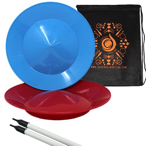 Set of 2 Spinning Plates and Two Piece Sticks - Flexi Kid's Plate Spinning Set - Includes Cascade Carry Bag (Blue and Red)