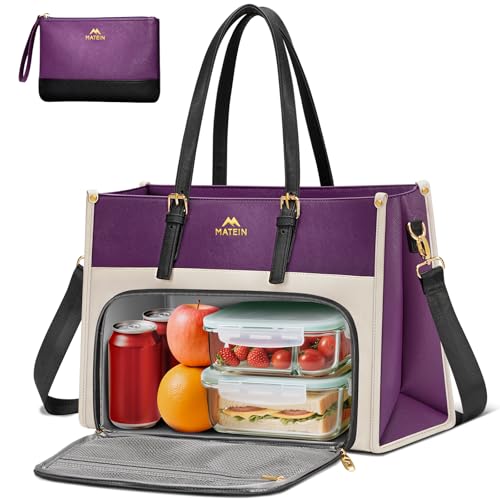 MATEIN Lunch Tote Bag for Women, 15.6 Inch PU Leather Laptop Briefcase with Insulated Lunch Compartment, Large Capacity Professional Computer Work Handbag with Purse for Office Nurse Teacher, 2 Sets