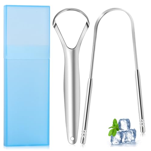 Brencco Steel Tongue Cleaner, Tongue Scraper with Case, 2 Pieces Tongue Nettaliser, Tongue Scraper for Oral Hygiene, Reusable Set