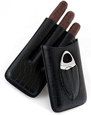 Ipay Cigar Case. Premium Stainless Steel Cutter Included. Crocodile PU Leather (Black)
