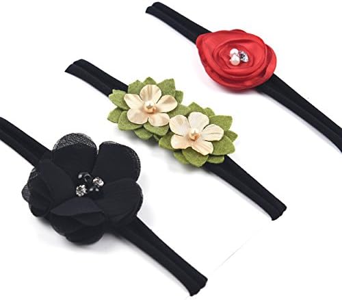 Baby Girl Flower Headband | Nylon Hair Bands - Soft Elastic Design Set of 3 ( Black Bands )