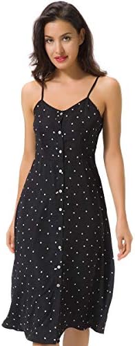 talever Women's Casual Skater Boho Polka Dot Spaghetti Strap Button Down Swing Midi Dress