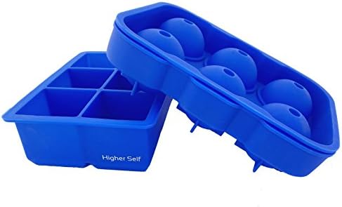 2 TRAY SET - 6-Cavity Jumbo Square Ice Cube Tray AND Sphere Ice Ball Maker With Lid - for Ice Pops, Lemon Balls, Babyfood Mould, FDA Approved, BPA Free - Silicone, BLUE Set of 2