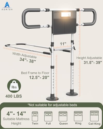 Agrish Bed Rail with Riser Handle and LED Light | Adjustable, with storage pocket and fits double and king size beds; ideal for seniors, convalescents and disabled