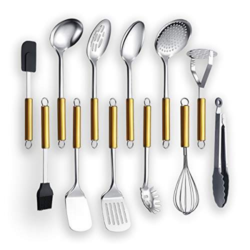 Cooking Utensil Set 12 Piece, Kyraton Stainless Steel Gold Handle