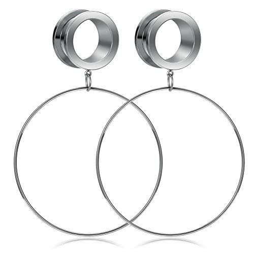 Briana Williams Surgical Steel Ear Tunnels Large Hoop Dangle Ear Plugs Expander 12mm Gauges for Ears Stretcher Piercing -Silver