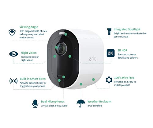 Arlo-Pro3-2K-Sistema-de-Seguridad-y-Luz-Smart-4-Unidades-Recargable-Audio-Libre-de-Cables-con-Visin-Diurna-Nocturna-Interior-Exterior-Funciona-con-Amazon-Alexa-VMS4440P-Blanco