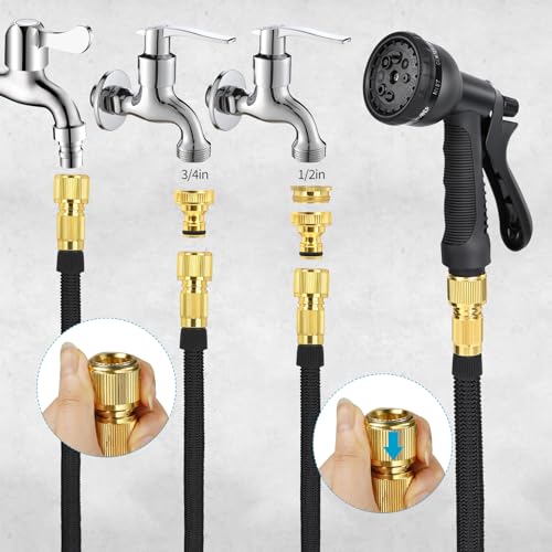 30m Expandable Garden Hose with 8 Spray Models Fits 1/2" and 3/4" Taps Durable Metal Fittings for Garden Cleaning, Car Washing, Watering (Black)