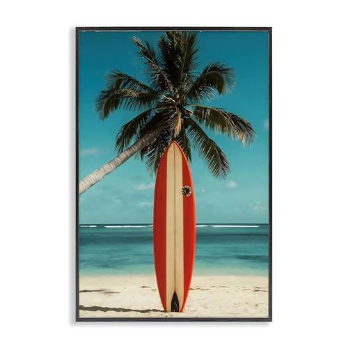 Stupell Industries Single Palm Tree & Surfboard Black Framed Giclee Art, design…