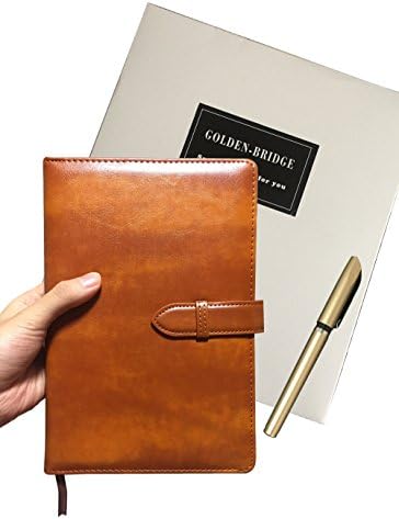 Golden Bridge Classic Business Leather Notebook (Journal,Diary,Memo) Medium A5 Size (8.7x5.8) Hardcover Beige Page,Color Brown,Gel Pen,Gift Box