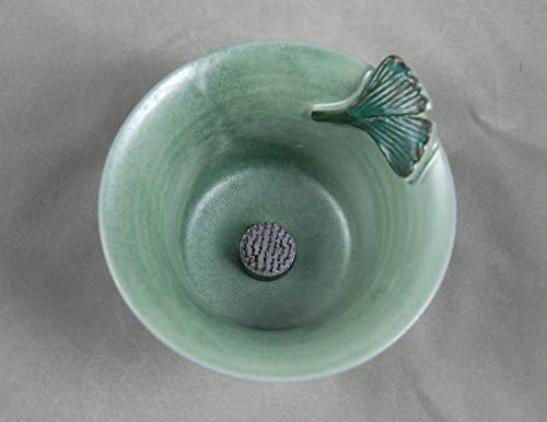Vase Ikebana Style Bud Vase in Aqua with Green Ginkgo Leaf