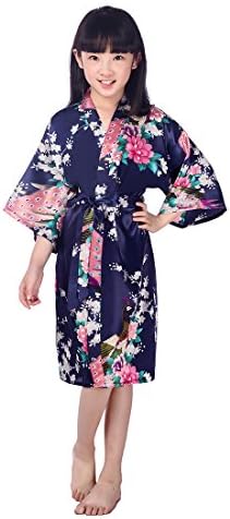 Bon amixyl Girls' Satin Peacock Kimono Robe For Spa Wrap Sleepwear Robe Bathrobe Pretty Flower Girl Wedding Gown