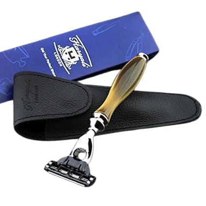 Men's Shaving Triple Cartridge Head Compatible Razor in Horn Replica Handle & Leather Travel Case > Gent's Essentials | Shaving & Grooming | Travel Gear for Him
