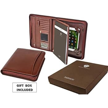 Professional Executive Business Resume Portfolio Padfolio Organizer PU Leather iPad & iPad mini ready for use - Tablet Sleeve, Zipper, Paper Pad, Business Card and Pen Holders, Document Folder - Brown