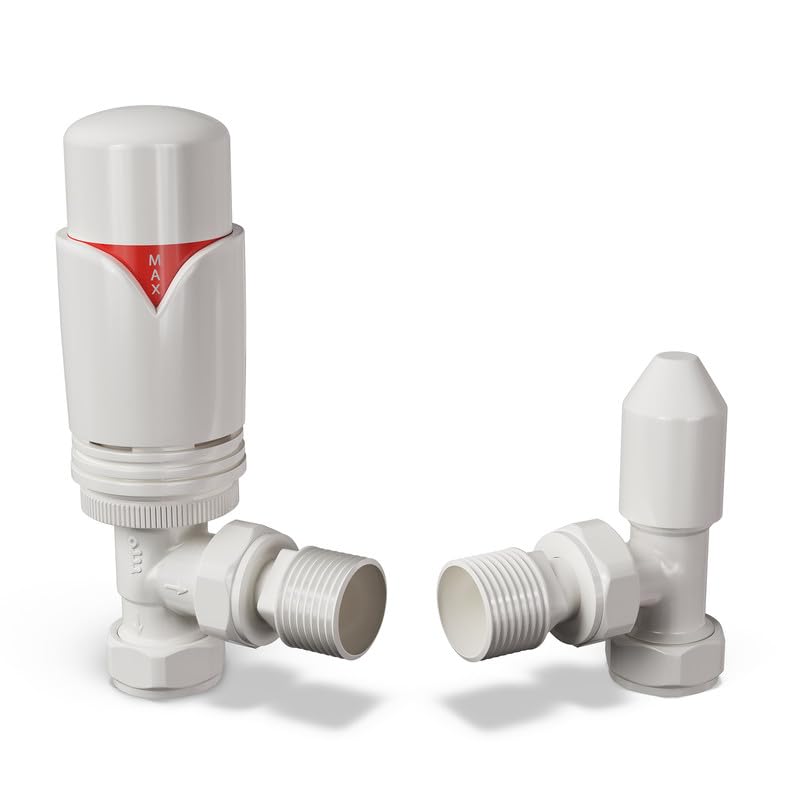 UK Radiators White Thermostatic Radiator Valve and Angled Lockshield Valve - Gloss White Finish - Classy and Modern Design 1/2" x 15mm Angled Radiator Valve