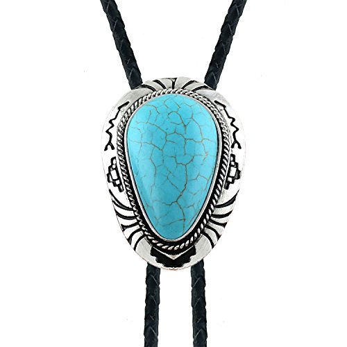 QUKE Native Western Blue Natural Turquoise Stone Bolo Tie Handmade Genunie Leather For Men Women