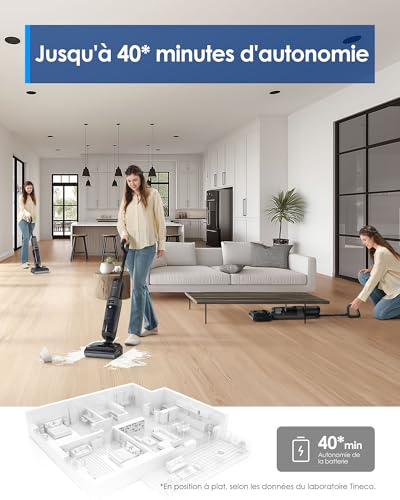 Tineco Floor One i6 Stretch Cordless Vacuum Cleaner, Wet and Dry Vacuum Cleaner, Powerful Suction 20 kPa, Flat Range 180°, Two-Edge Cleaning, 40 Min Autonomy, Drying 5 Min 85°C