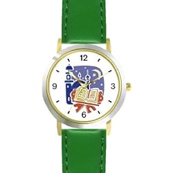 Holy Koran or Quaran Moslem or Muslim Theme - WATCHBUDDY DELUXE TWO-TONE THEME WATCH - Arabic Numbers - Green Leather Strap-Children's Size-Small ( Boy's Size & Girl's Size )